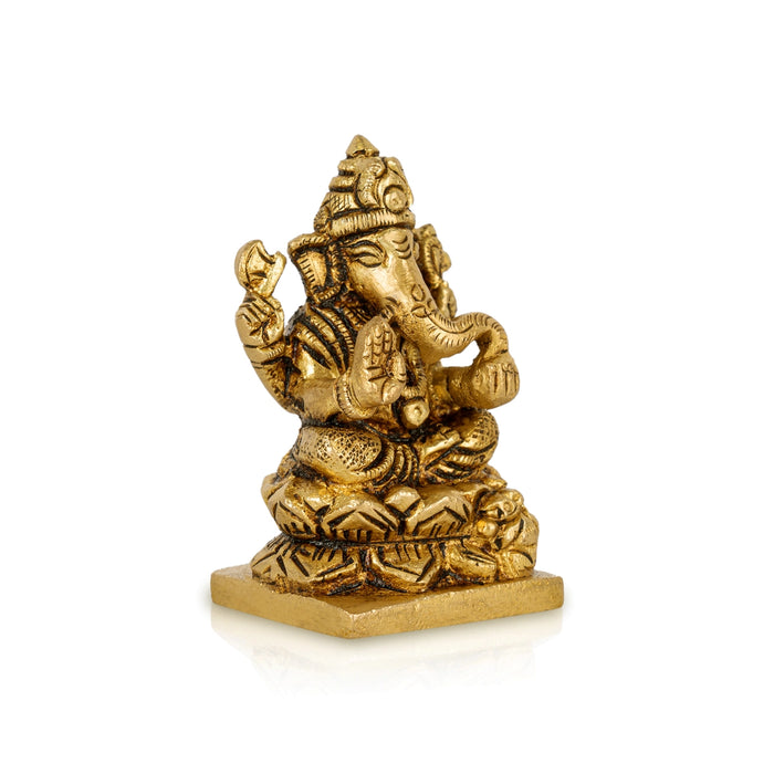Ganesh Murti Sitting On Lotus Base - 2 x 1.5 Inches | Antique Brass Idol/ Ganesh Idol for Pooja