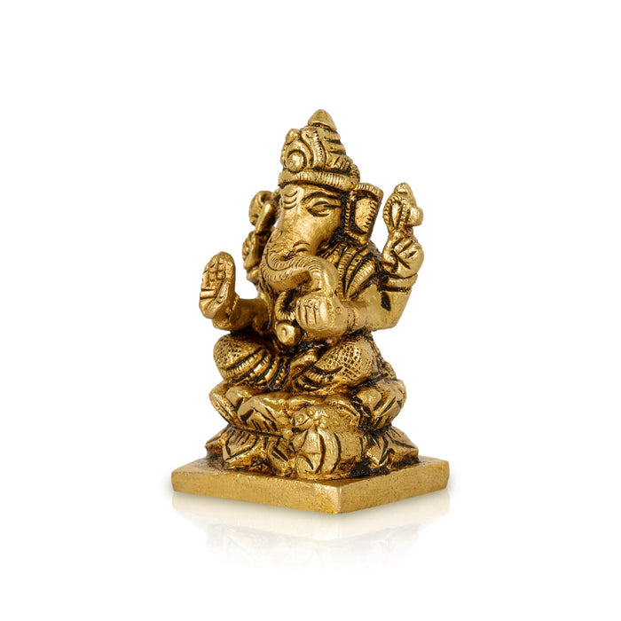 Ganesh Murti Sitting On Lotus Base - 2 x 1.5 Inches | Antique Brass Idol/ Ganesh Idol for Pooja