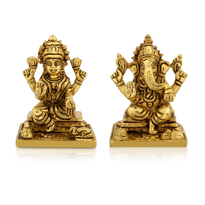 Lakshmi Idol With Ganesh Idol Pair - 3 x 2 Inches/ Antique Brass Idol/ Ganpati Murti And Laxmi Murti for Pooja