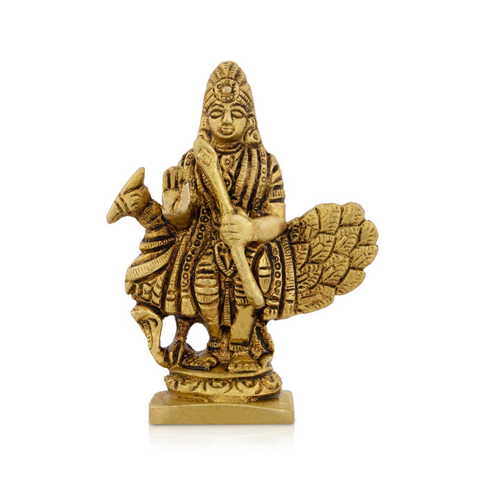 Murugan Statue With Peacock - 3 x 2.5 Inches | Kartikeya Statue Standing On Base/ Antique Brass Idol for Pooja