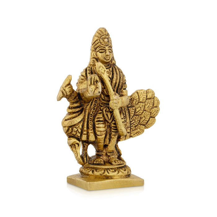 Murugan Statue With Peacock - 3 x 2.5 Inches | Kartikeya Statue Standing On Base/ Antique Brass Idol for Pooja