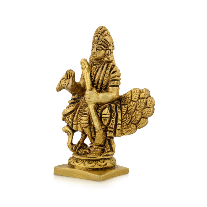Murugan Statue With Peacock - 3 x 2.5 Inches | Kartikeya Statue Standing On Base/ Antique Brass Idol for Pooja