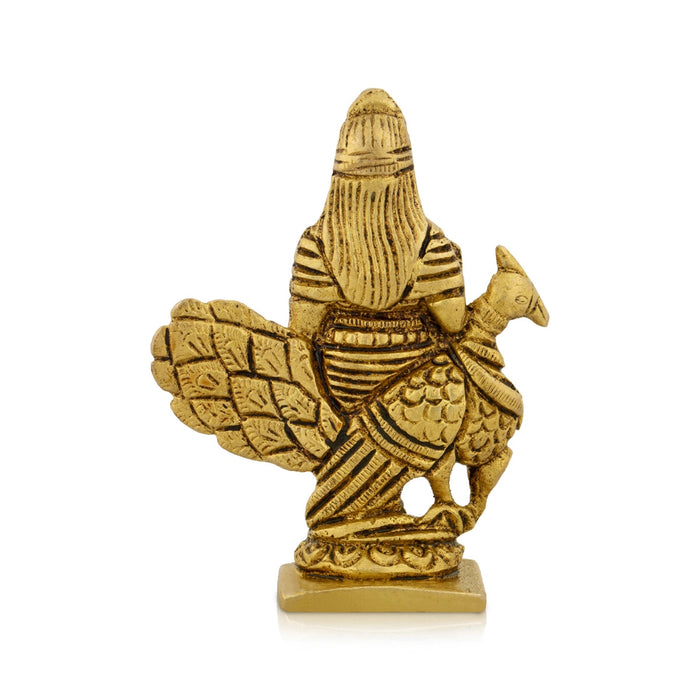 Murugan Statue With Peacock - 3 x 2.5 Inches | Kartikeya Statue Standing On Base/ Antique Brass Idol for Pooja