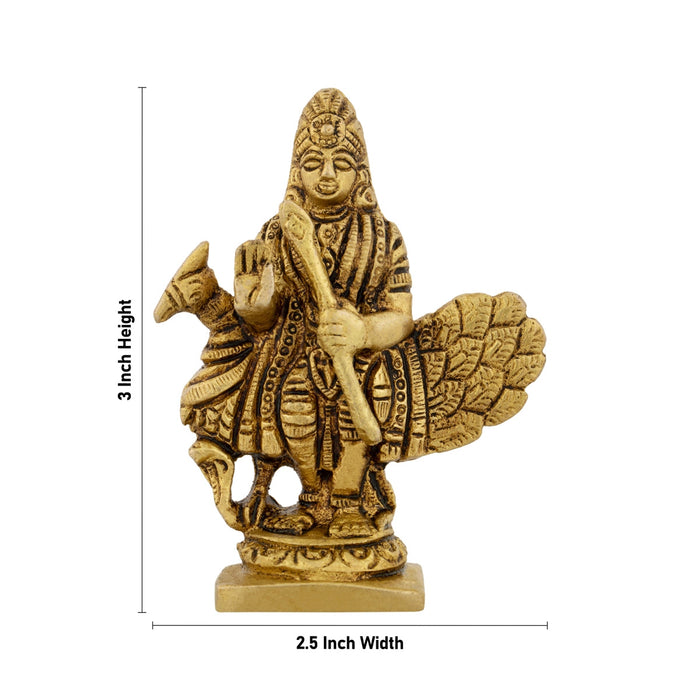 Murugan Statue With Peacock - 3 x 2.5 Inches | Kartikeya Statue Standing On Base/ Antique Brass Idol for Pooja