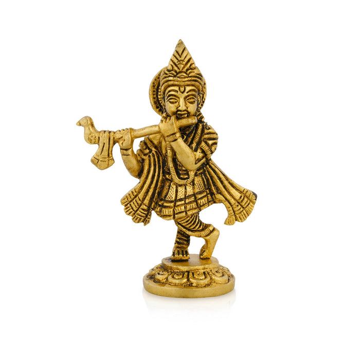 Flute Krishna Murti Standing On Base - 4 x 2.5 Inches | Krishna Idol/ Antique Brass Idol for Pooja