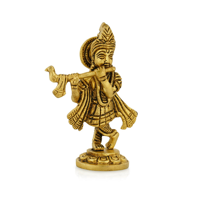 Flute Krishna Murti Standing On Base - 4 x 2.5 Inches | Krishna Idol/ Antique Brass Idol for Pooja