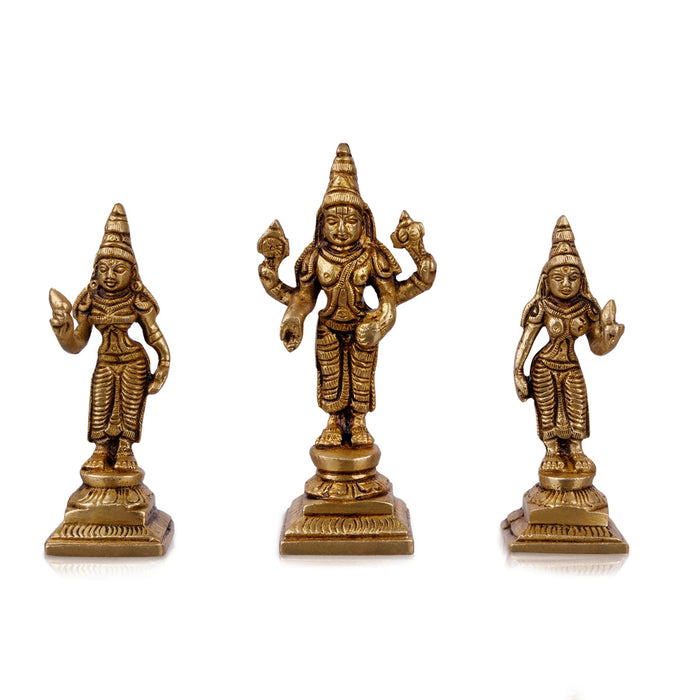 Perumal Sridevi Bhudevi Idol Set - 4 x 1.5 Inches | Balaji Murti Sridevi Bhudevi/ Antique Brass Idol for Pooja