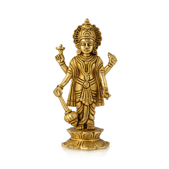 Vishnu Murti Standing On Lotus Base - 6 x 3 Inches | Antique Brass Idol/ Vishnu Idol for Pooja