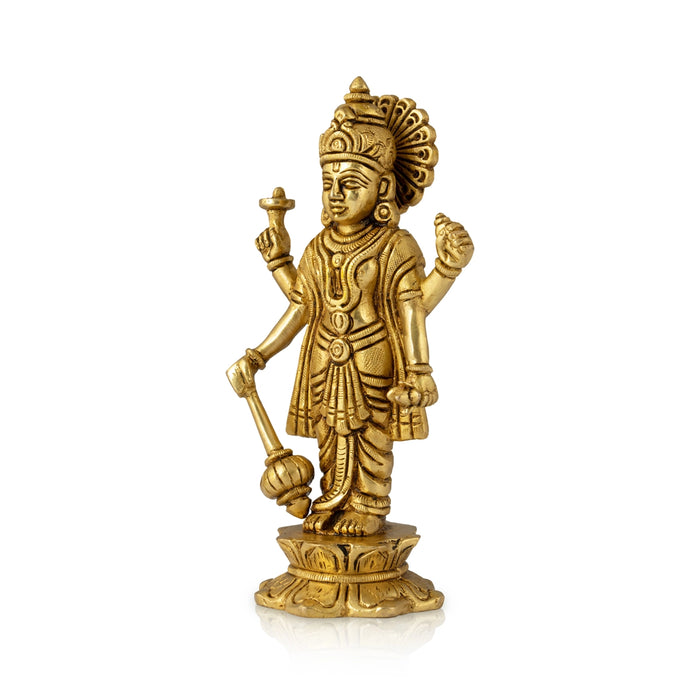 Vishnu Murti Standing On Lotus Base - 6 x 3 Inches | Antique Brass Idol/ Vishnu Idol for Pooja