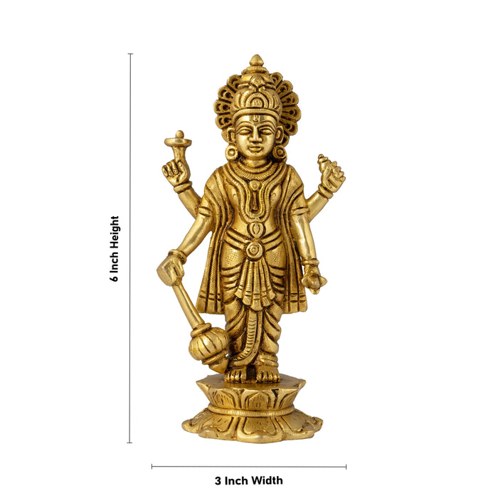 Vishnu Murti Standing On Lotus Base - 6 x 3 Inches | Antique Brass Idol/ Vishnu Idol for Pooja