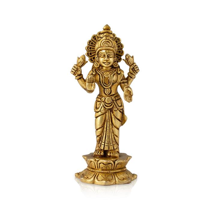 Lakshmi Idol Standing On Lotus Base - 6 x 3 Inches | Antique Brass Idol/ Laxmi Murti for Pooja