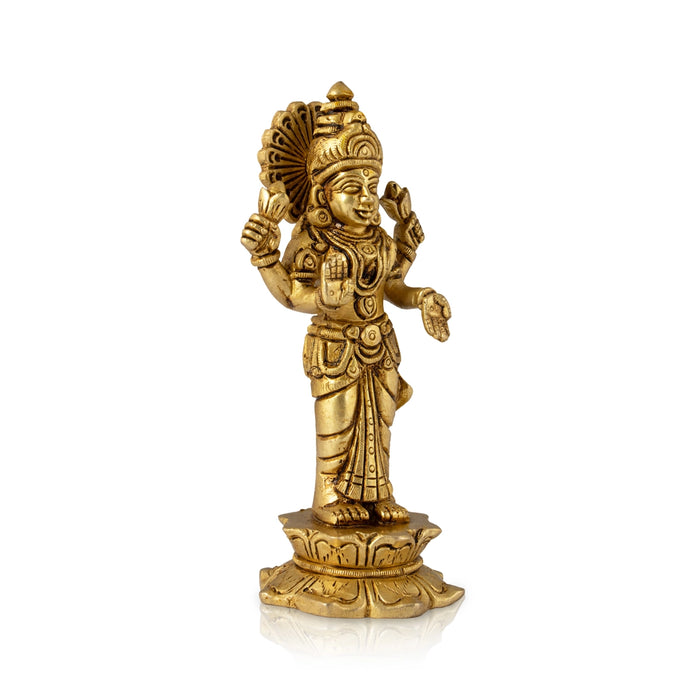 Lakshmi Idol Standing On Lotus Base - 6 x 3 Inches | Antique Brass Idol/ Laxmi Murti for Pooja