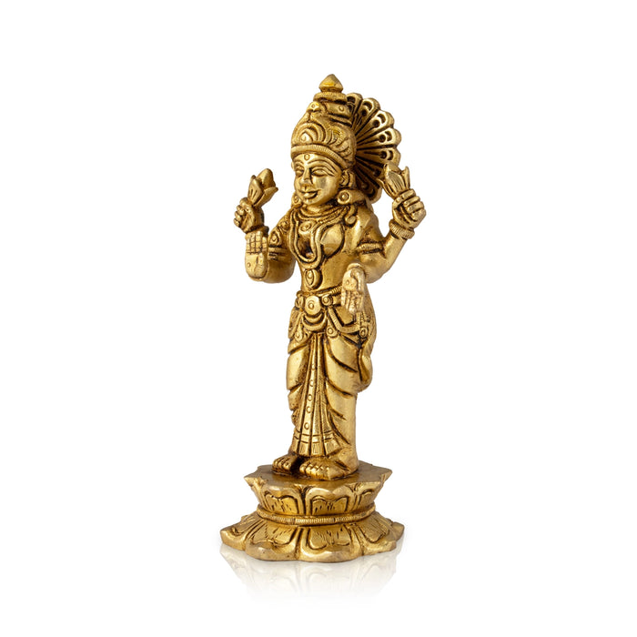 Lakshmi Idol Standing On Lotus Base - 6 x 3 Inches | Antique Brass Idol/ Laxmi Murti for Pooja