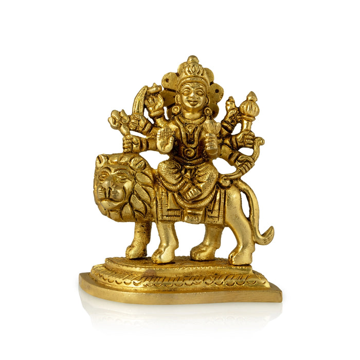 Durga Idol Sitting On Lion - 3.5 x 3 Inches | Antique Brass Idol/ Durga Murti With Leaf Base for Pooja
