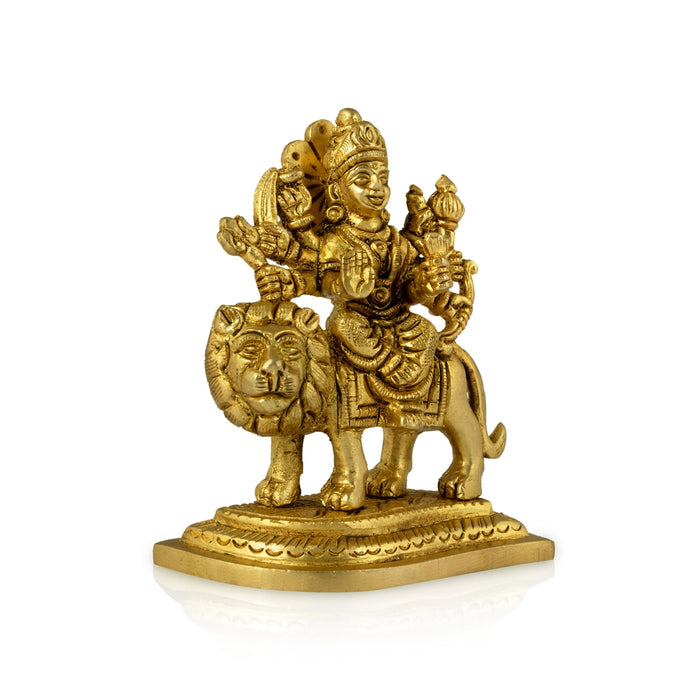 Durga Idol Sitting On Lion - 3.5 x 3 Inches | Antique Brass Idol/ Durga Murti With Leaf Base for Pooja