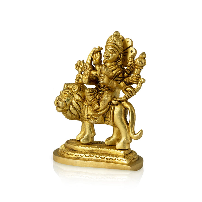 Durga Idol Sitting On Lion - 3.5 x 3 Inches | Antique Brass Idol/ Durga Murti With Leaf Base for Pooja