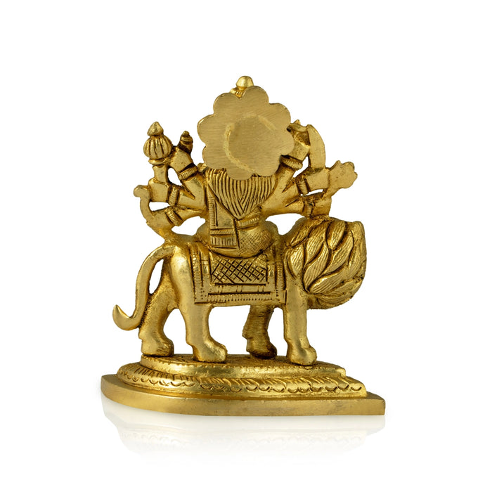 Durga Idol Sitting On Lion - 3.5 x 3 Inches | Antique Brass Idol/ Durga Murti With Leaf Base for Pooja