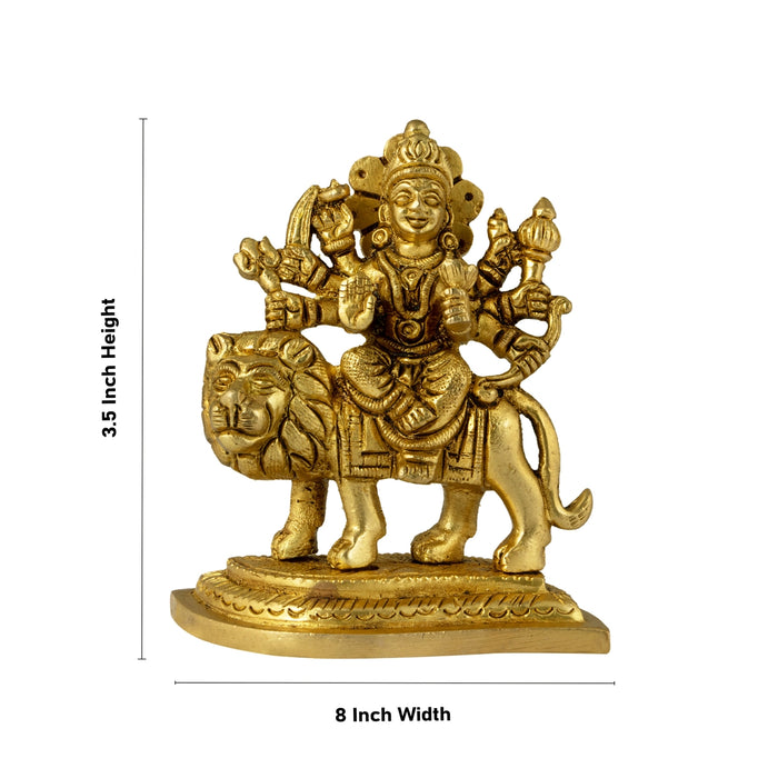 Durga Idol Sitting On Lion - 3.5 x 3 Inches | Antique Brass Idol/ Durga Murti With Leaf Base for Pooja