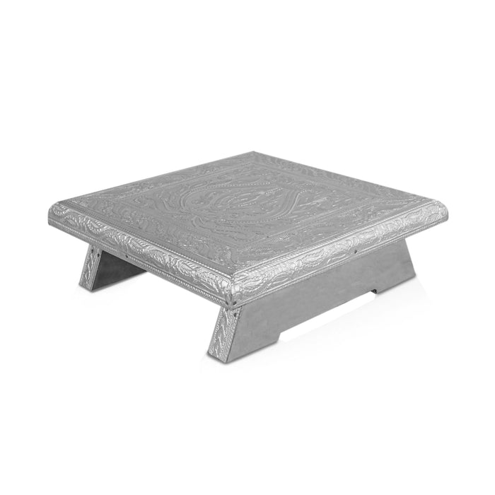 Pooja Chowki - 2.5 x 8 x 8 Inches | Silver Polish Bajot/ Wooden Manai Palagai/ Patla for Home