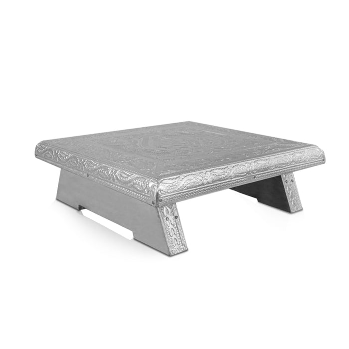 Pooja Chowki - 2.5 x 8 x 8 Inches | Silver Polish Bajot/ Wooden Manai Palagai/ Patla for Home