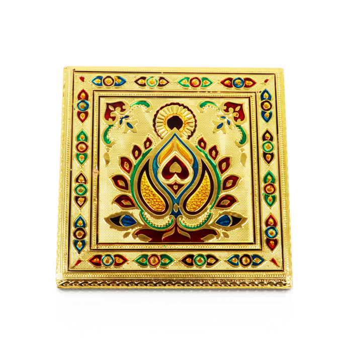 Pooja Chowki - 8 x 8 Inches | Gold Polish Bajot/ Wooden Manai Palagai/ Meenakari Design Patla for Home