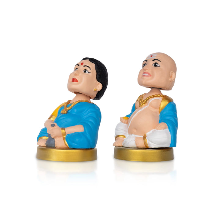 Bobble Head Chettiar Chettichi Pair- 4.5 X 3 Inches | Blue Colour Mama Mami Doll For Home Decor