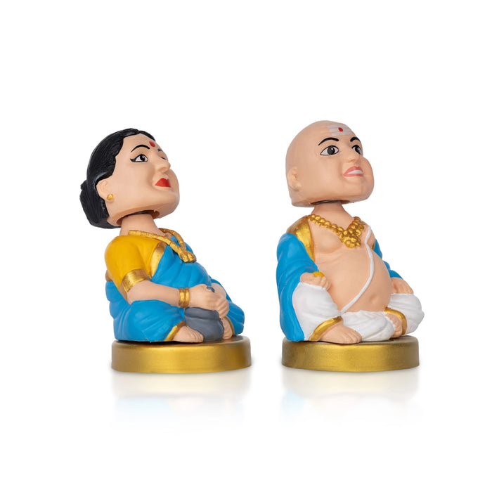 Bobble Head Chettiar Chettichi Pair- 4.5 X 3 Inches | Blue Colour Mama Mami Doll For Home Decor
