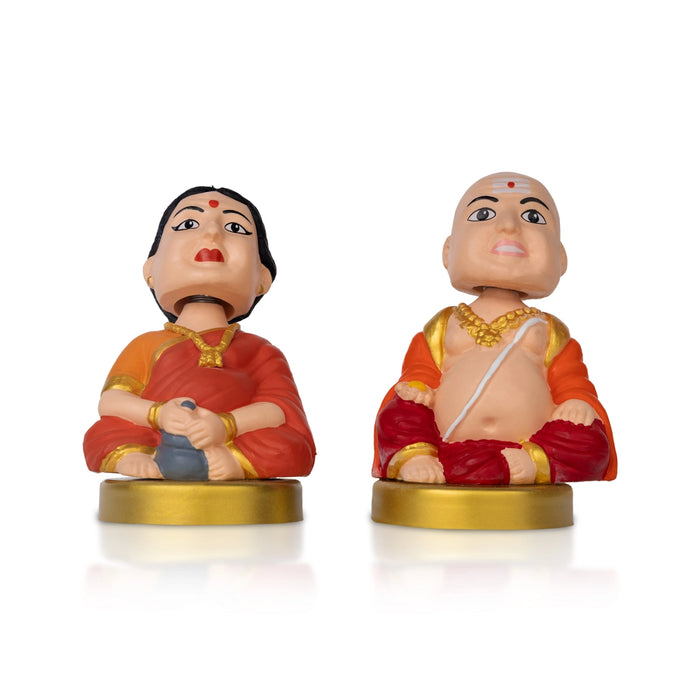 Bobble Head Chettiar Chettichi Pair - 4.5 X 3 Inches | Orange Colour Mama Mami Bobble Head Doll For Table Decor