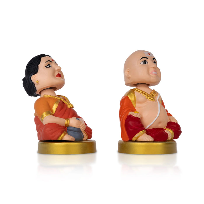 Bobble Head Chettiar Chettichi Pair - 4.5 X 3 Inches | Orange Colour Mama Mami Bobble Head Doll For Table Decor