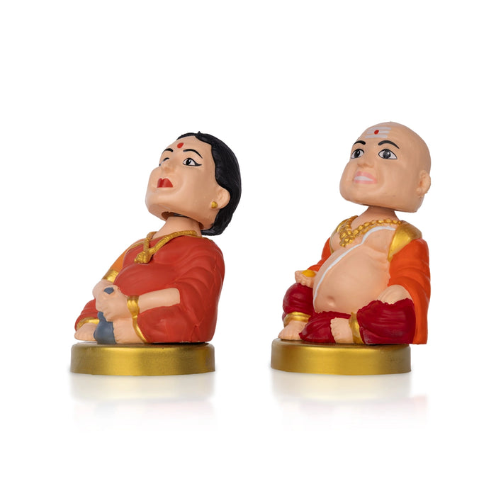 Bobble Head Chettiar Chettichi Pair - 4.5 X 3 Inches | Orange Colour Mama Mami Bobble Head Doll For Table Decor
