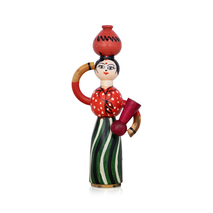 Lady Doll Carrying Pot - 8.25 X 3.5 Inches | Wooden Toy/ Wood Sculpture For Table Decor And Kids