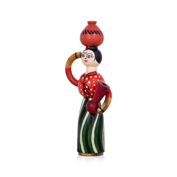 Lady Doll Carrying Pot - 8.25 X 3.5 Inches | Wooden Toy/ Wood Sculpture For Table Decor And Kids