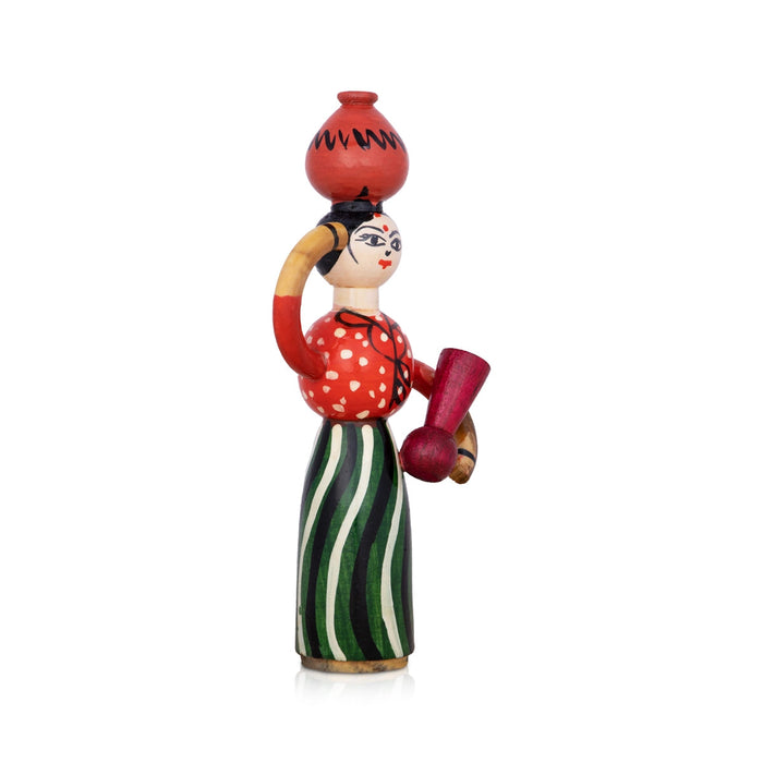 Lady Doll Carrying Pot - 8.25 X 3.5 Inches | Wooden Toy/ Wood Sculpture For Table Decor And Kids