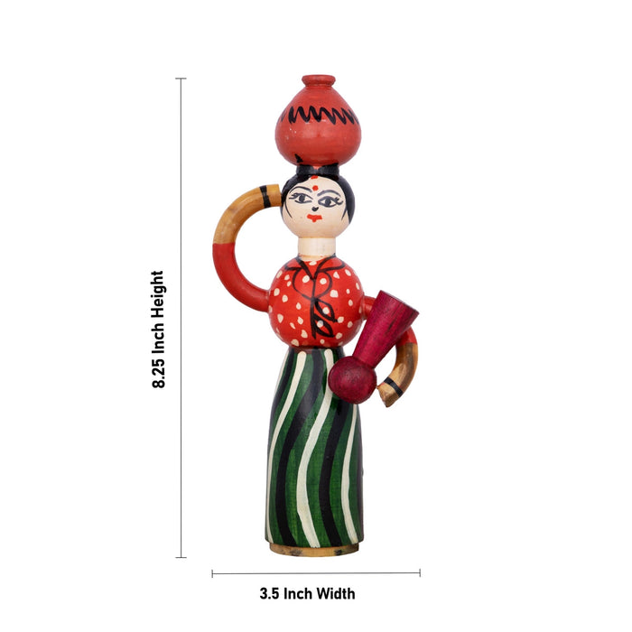 Lady Doll Carrying Pot - 8.25 X 3.5 Inches | Wooden Toy/ Wood Sculpture For Table Decor And Kids