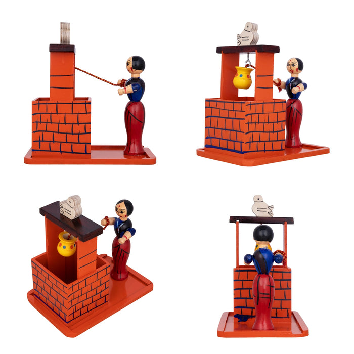 Well Lady Kondapalli Bommalu - 6.5 X 6 Inches | Wood Sculpture/ Handmade Showpiece For Traditional Home Decor