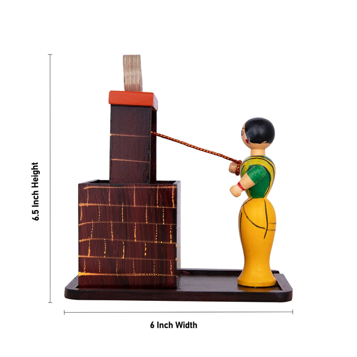 Well Lady Kondapalli Bommalu - 6.5 X 6 Inches | Wood Sculpture/ Handmade Showpiece For Traditional Home Decor