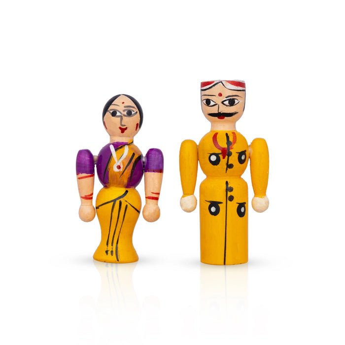 Raja Rani Pair - 3.5 X 1.75 Inches | Kondapalli Toy/ Wood Sculpture/ Kolu Bommai For Table Decor And Gifting