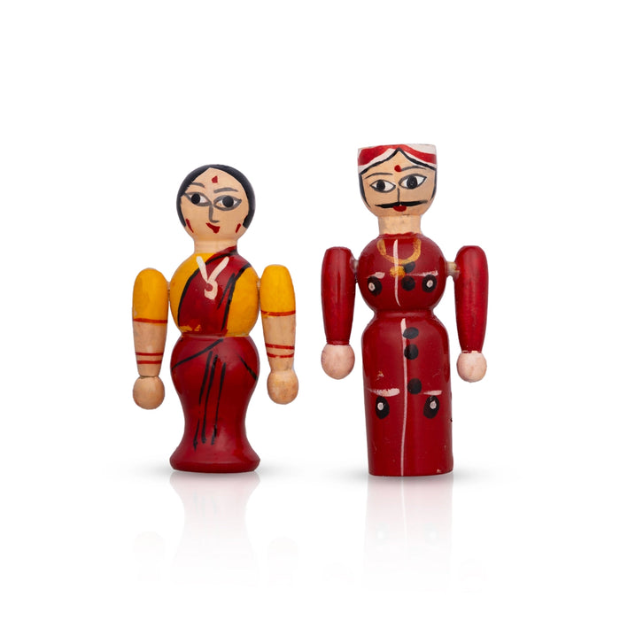Raja Rani Pair - 3.5 X 1.75 Inches | Kondapalli Toy/ Wood Sculpture/ Kolu Bommai For Table Decor And Gifting
