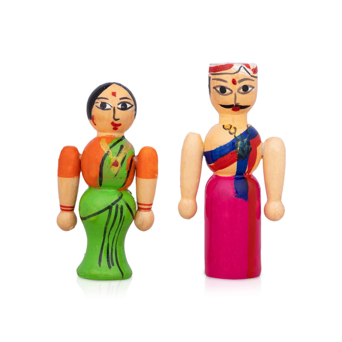 Raja Rani Pair - 3.5 X 1.75 Inches | Kondapalli Toy/ Wood Sculpture/ Kolu Bommai For Table Decor And Gifting