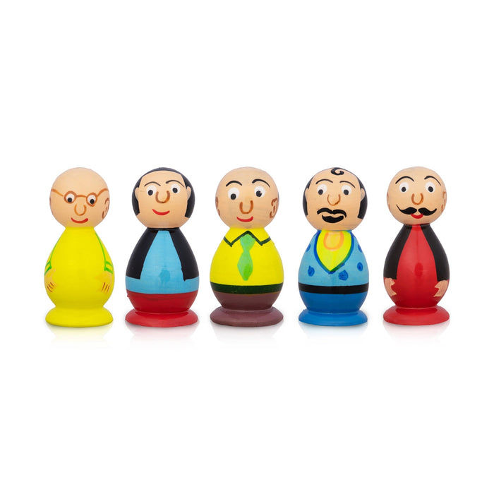 Motu Patlu Set - 3 X 1.5 Inches | 5 Pcs/ Wooden Cartoon Play Toys/ Coloured Wood Sculpture For Kids & Gifting