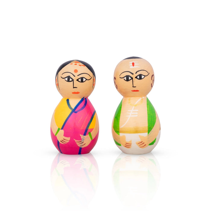 Mama Mami Pair - 3 X 1 Inches | Kolu Bommai/ Kondapalli Toy/ Wood Sculpture For Home Decor And Gifting