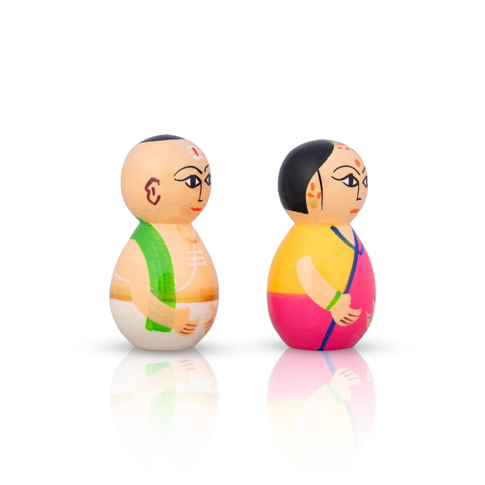 Mama Mami Pair - 3 X 1 Inches | Kolu Bommai/ Kondapalli Toy/ Wood Sculpture For Home Decor And Gifting