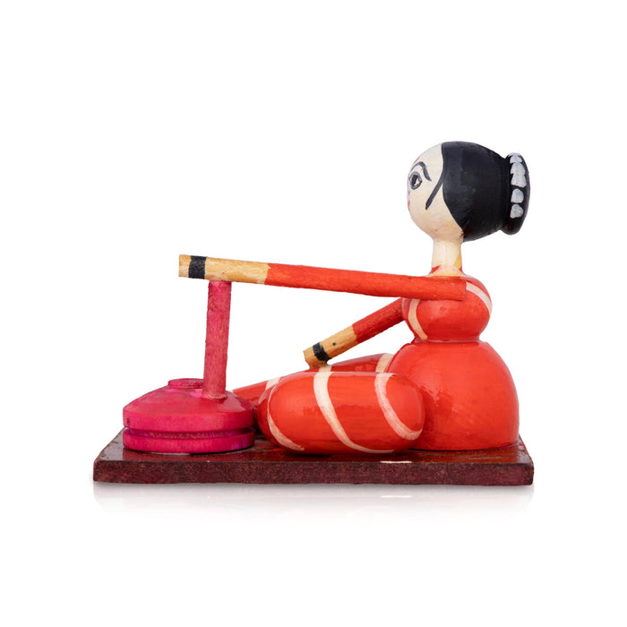 Flour Grinding Lady Doll - 3.25 X 4.5 Inches | Handcrafted Toy/ Wooden Toy/ Wood Sculpture For Kids & Table Top