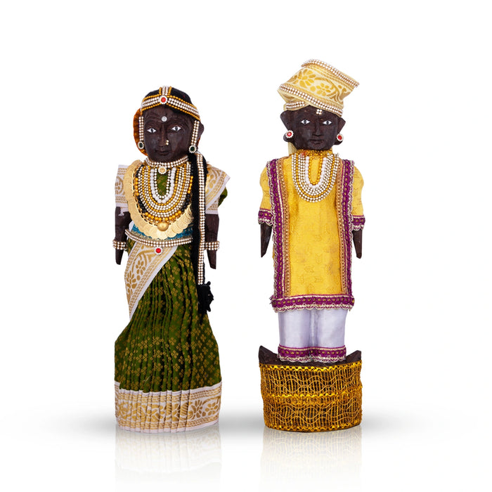 Decorative Marapachi Bommai Pair - 12 X 4 Inches | Marapachi Doll/ Wood Sculpture/ Kolu Bommai For Golu Display
