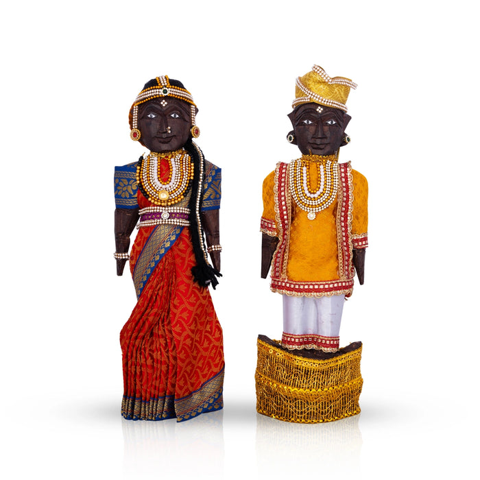Decorative Marapachi Bommai Pair - 12 X 4 Inches | Marapachi Doll/ Wood Sculpture/ Kolu Bommai For Golu Display