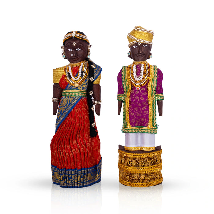 Decorative Marapachi Bommai Pair - 12 X 4 Inches | Marapachi Doll/ Wood Sculpture/ Kolu Bommai For Golu Display