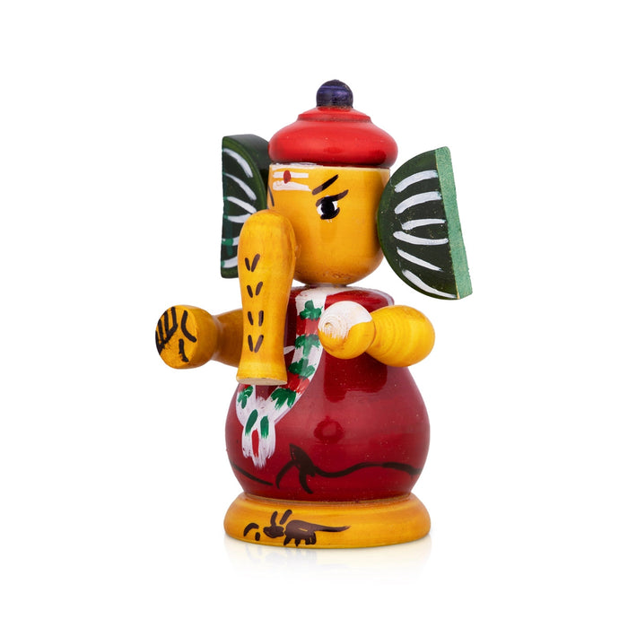 Spring Ganesh Murti - 4 X 2.75 Inches | Painted Ganpati Murti/ Wood Sculpture For Car Dashboard