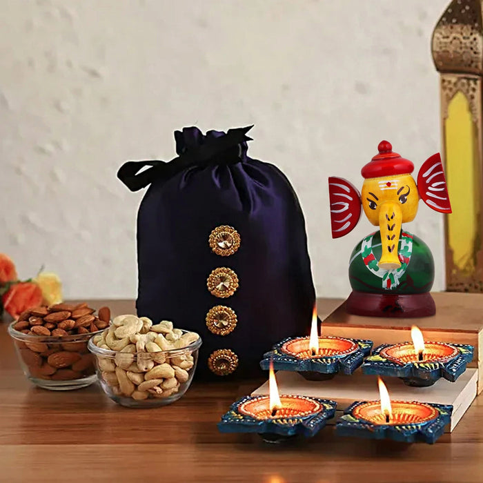 Spring Ganesh Murti - 4 X 2.75 Inches | Painted Ganpati Murti/ Wood Sculpture For Car Dashboard