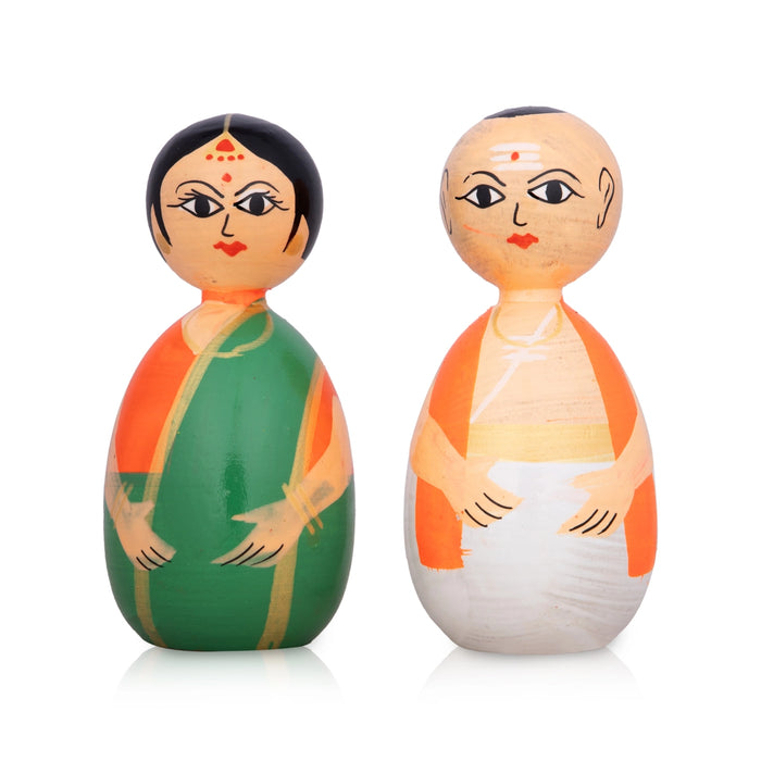 Chettiyar Chettachi Pair - 4 X 2 Inches | Thatha Patti Pair/Wooden Statue For Golu Display& Traditional Gifting