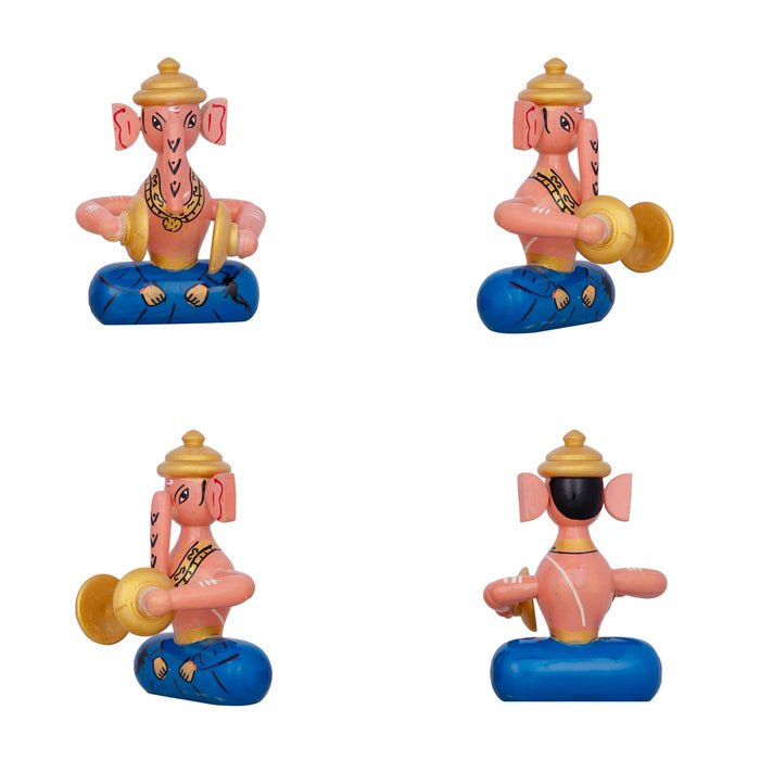 Ganesh Murti Musical Set- 5.5 X 3.5 Inches | Wood Sculpture/ Kondapalli Bommalu For Festive Decor &Golu Display